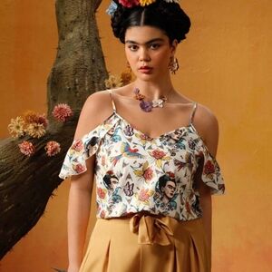 Frida Kahlo Floral Print Cold Shoulder Top